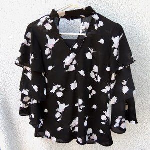 Black Top With White and Pink Flower Detail Choker Neck Line